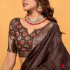 Dissemble Brown Foil Printed Dola Silk Saree With Lassitude Blouse Piece
