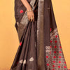 Dissemble Brown Foil Printed Dola Silk Saree With Lassitude Blouse Piece