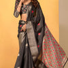 Denouement Black Foil Printed Dola Silk Saree With Snazzy Blouse Piece