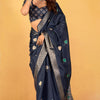Confounding Navy Blue Foil Printed Dola Silk Saree With Ratatouille Blouse Piece