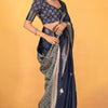 Confounding Navy Blue Foil Printed Dola Silk Saree With Ratatouille Blouse Piece