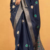 Confounding Navy Blue Foil Printed Dola Silk Saree With Ratatouille Blouse Piece