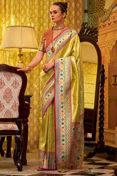 Improbable Yellow Soft Banarasi Tissue Silk Saree With Luminous Blouse Piece