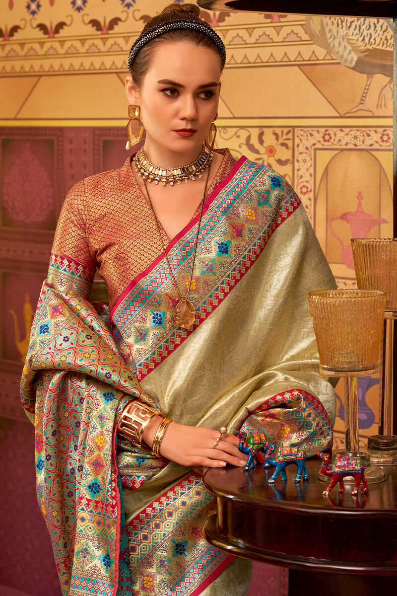 Verdant Beige Soft Banarasi Tissue Silk Saree With Mellifluous Blouse Piece