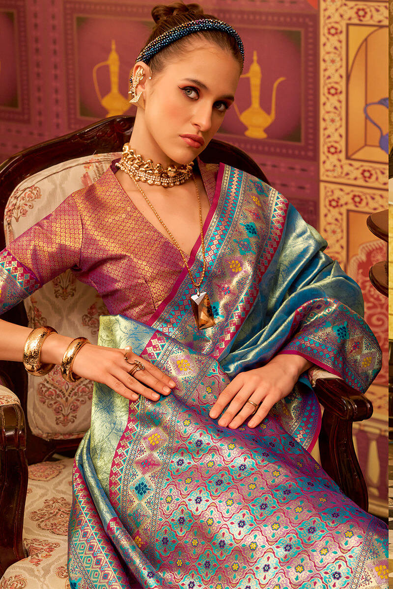 Seraglio Rama Soft Banarasi Tissue Silk Saree With Proficient Blouse Piece