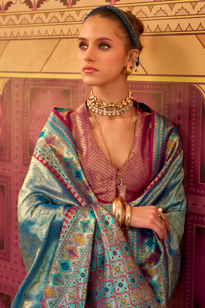 Seraglio Rama Soft Banarasi Tissue Silk Saree With Proficient Blouse Piece