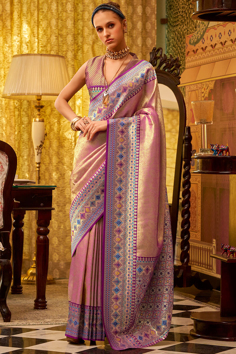 Stunner Pink Soft Banarasi Tissue Silk Saree With Enamoring Blouse Piece