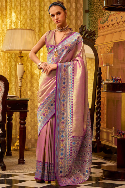 Stunner Pink Soft Banarasi Tissue Silk Saree With Enamoring Blouse Piece