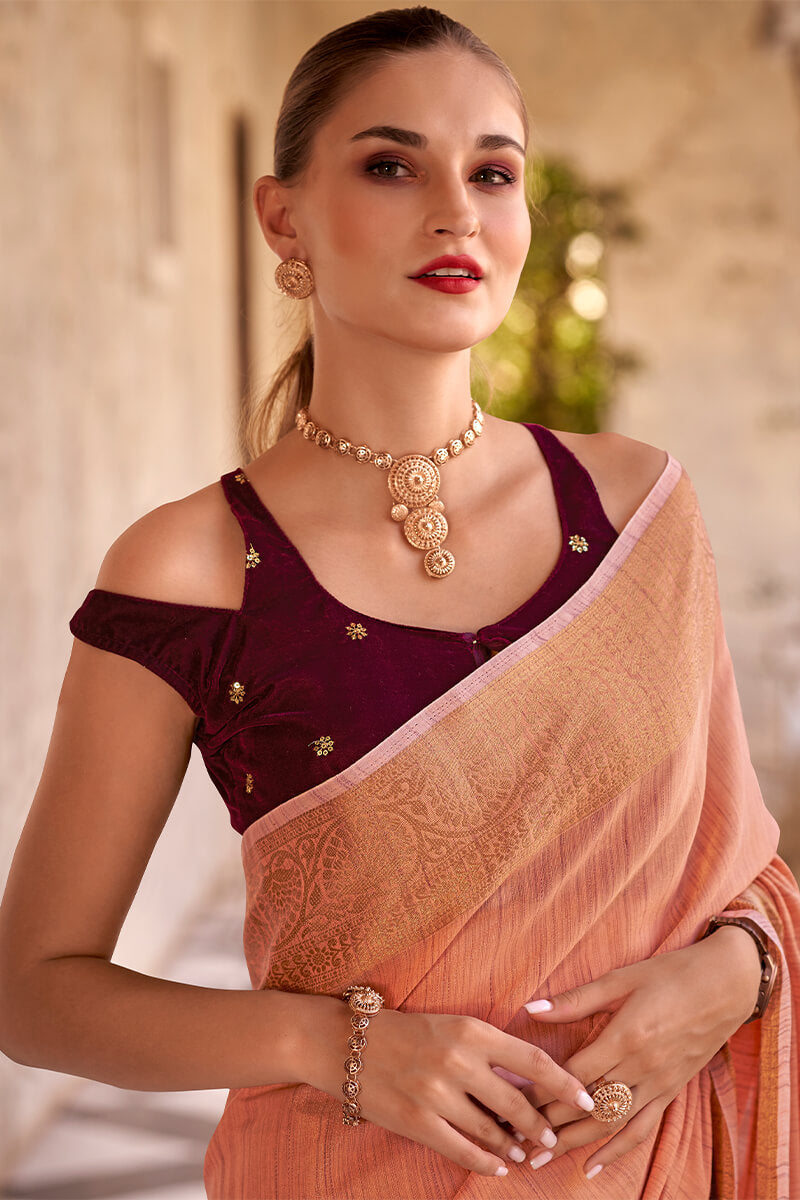 Vestigial Peach Cotton Silk Saree With Staggering Blouse Piece