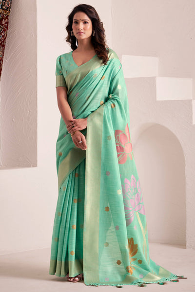 Evanescent Turquoise Cotton Silk Saree With Refreshing Blouse Piece