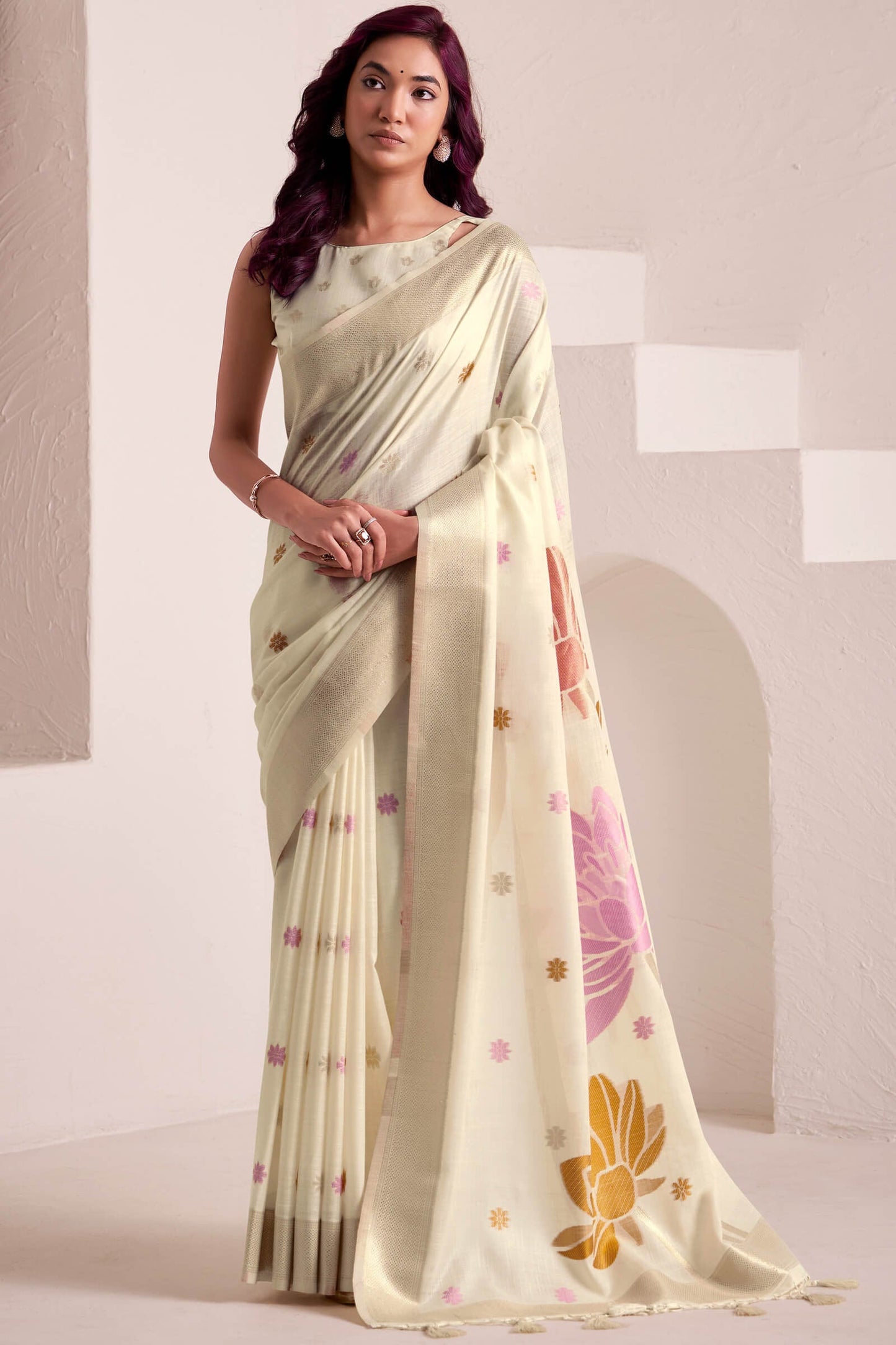 Dalliance Beige Cotton Silk Saree With Blooming Blouse Piece