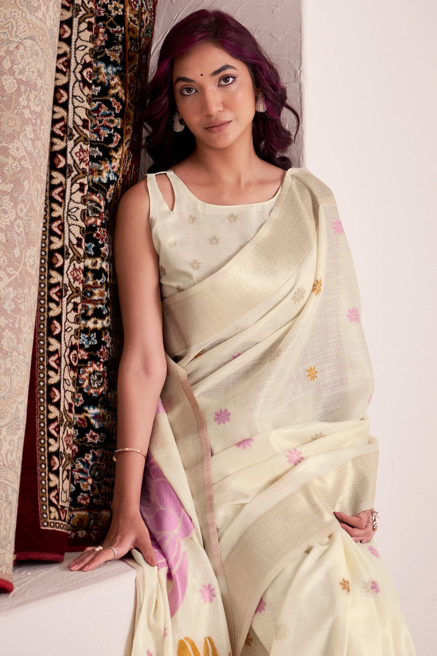 Dalliance Beige Cotton Silk Saree With Blooming Blouse Piece