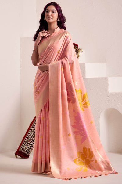 Beauteous Peach Cotton Silk Saree With Embellished Blouse Piece