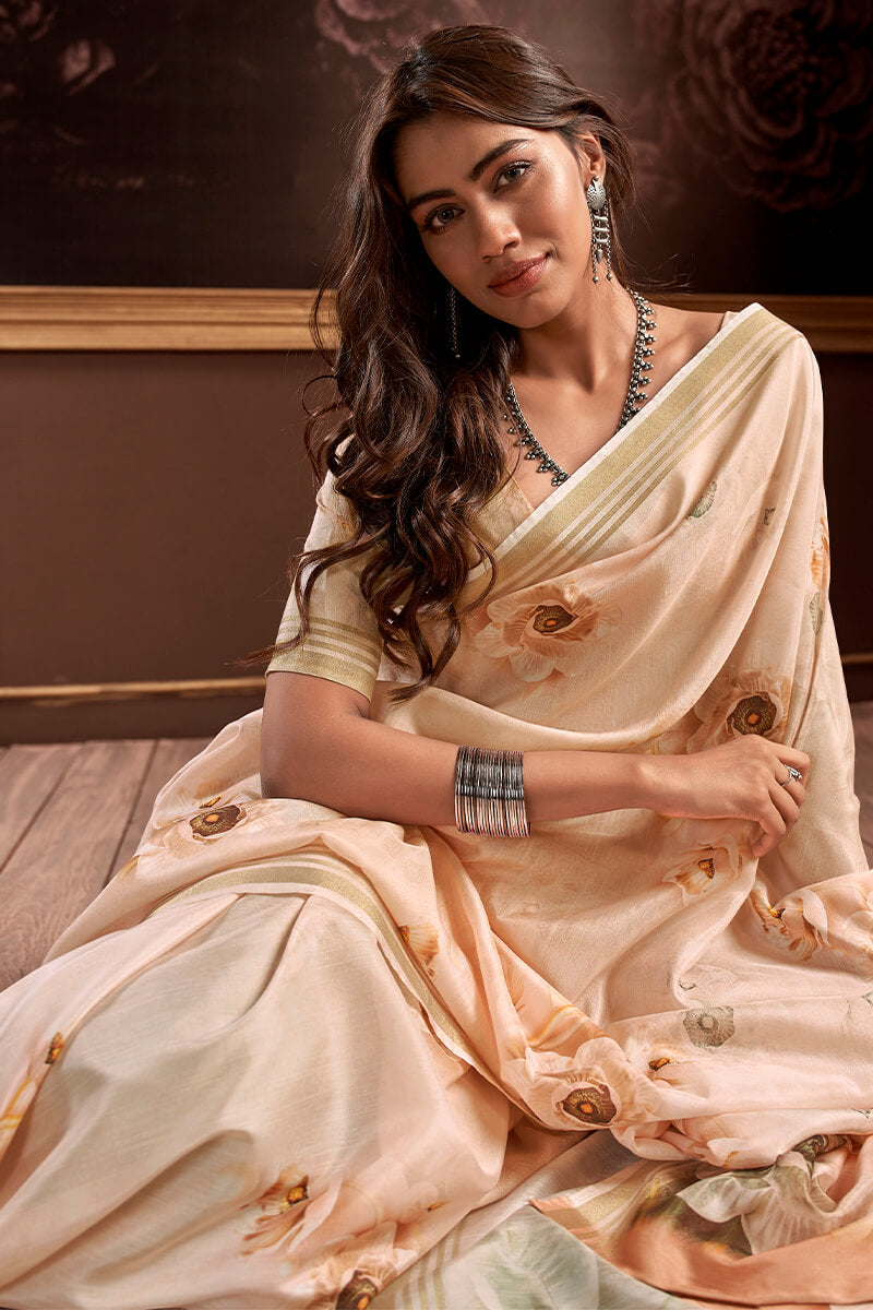 Transcendent Beige Digital Printed Soft Silk Saree With Exemplary Blouse Piece