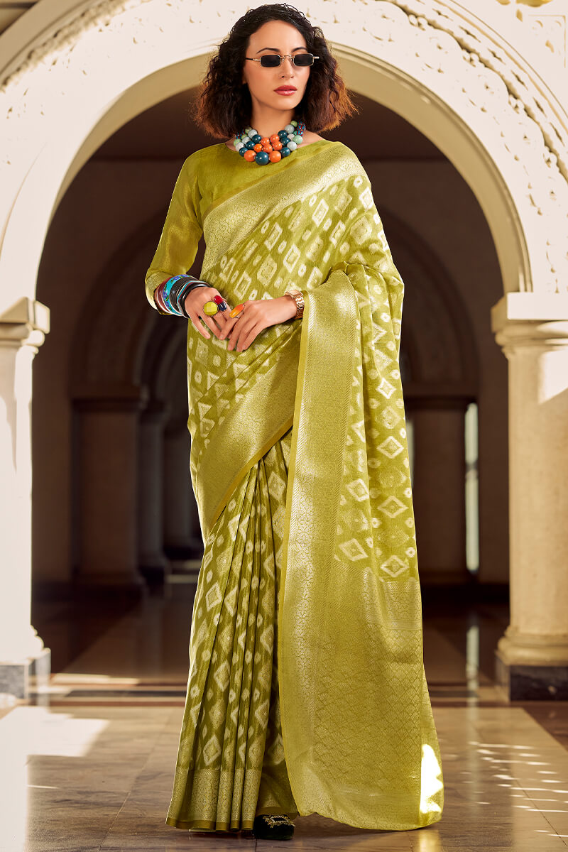 Extraordinary Mehndi Soft Banarasi Tissue Silk Saree With Sizzling Blouse Piece