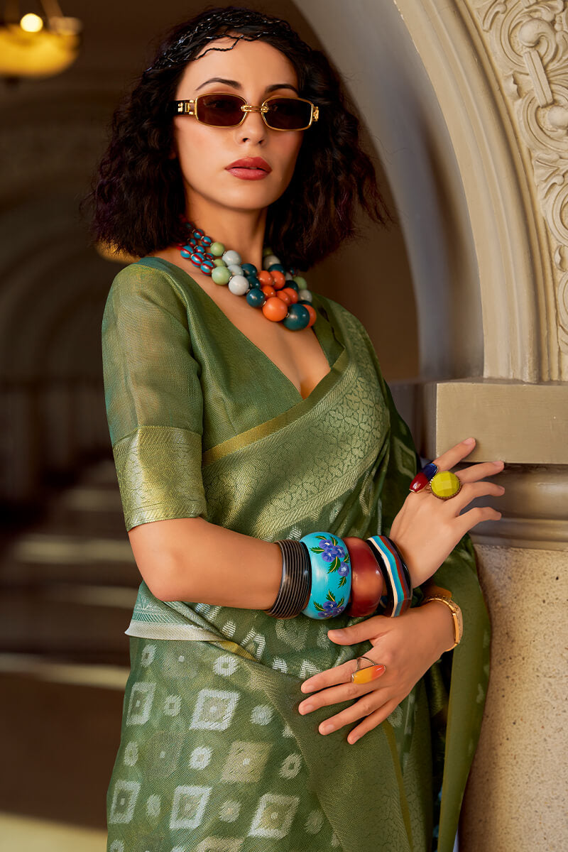 Vivacious Green Soft Banarasi Tissue Silk Saree With Excellent Blouse Piece