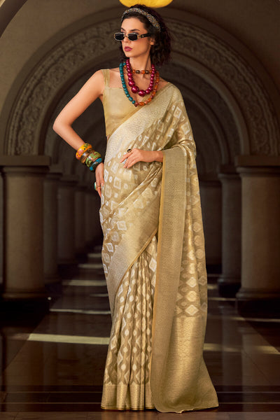 Resonant Beige Soft Banarasi Tissue Silk Saree With Imaginative Blouse Piece