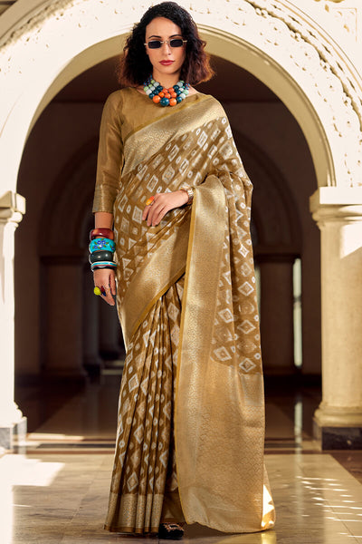 Lassitude Brown Soft Banarasi Tissue Silk Saree With Nectarous Blouse Piece