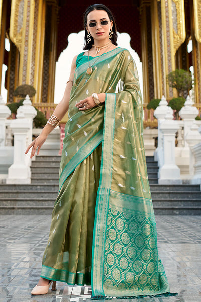 Unequalled Mehndi Soft Banarasi Silk Saree With Serendipity Blouse Piece