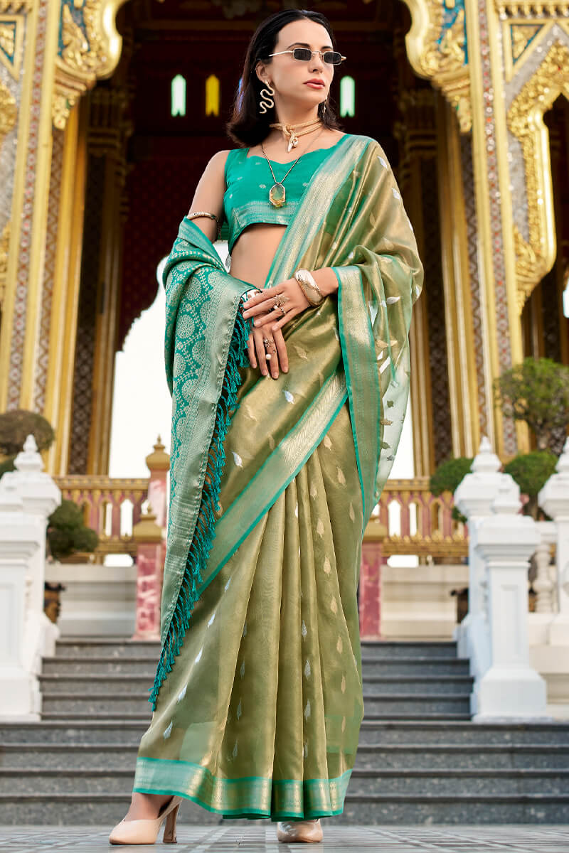 Unequalled Mehndi Soft Banarasi Silk Saree With Serendipity Blouse Piece