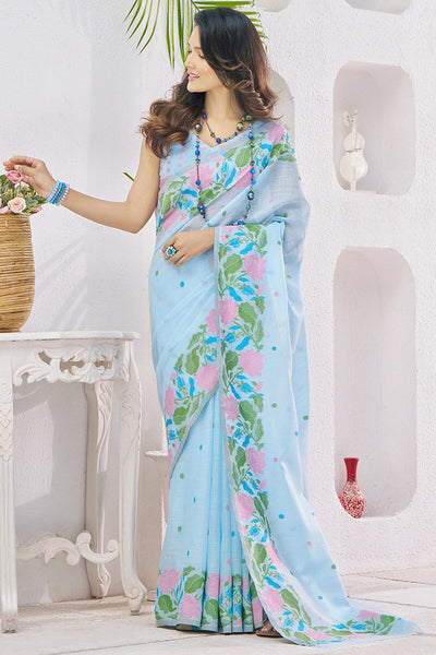 Embrocation Sky Cotton Silk Saree With Propinquity Blouse Piece