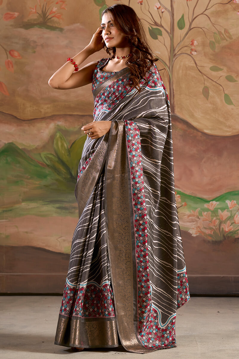 Verdant Dark Gey Digital Printed Dola Silk Saree With Mellifluous Blouse Piece