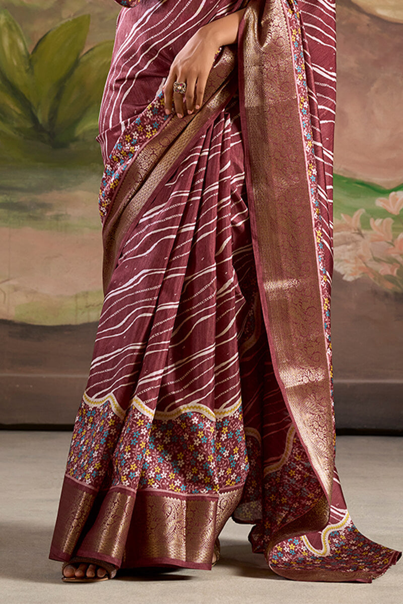 Rhapsody Wine Digital Printed Dola Silk Saree With Skinny Blouse Piece