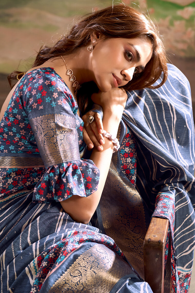 Classy Blue Digital Printed Dola Silk Saree With Fancifull Blouse Piece