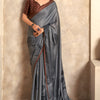 Pleasant Grey Digital Printed Satin Silk Saree With Glorious Blouse Piece