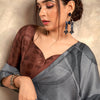 Pleasant Grey Digital Printed Satin Silk Saree With Glorious Blouse Piece