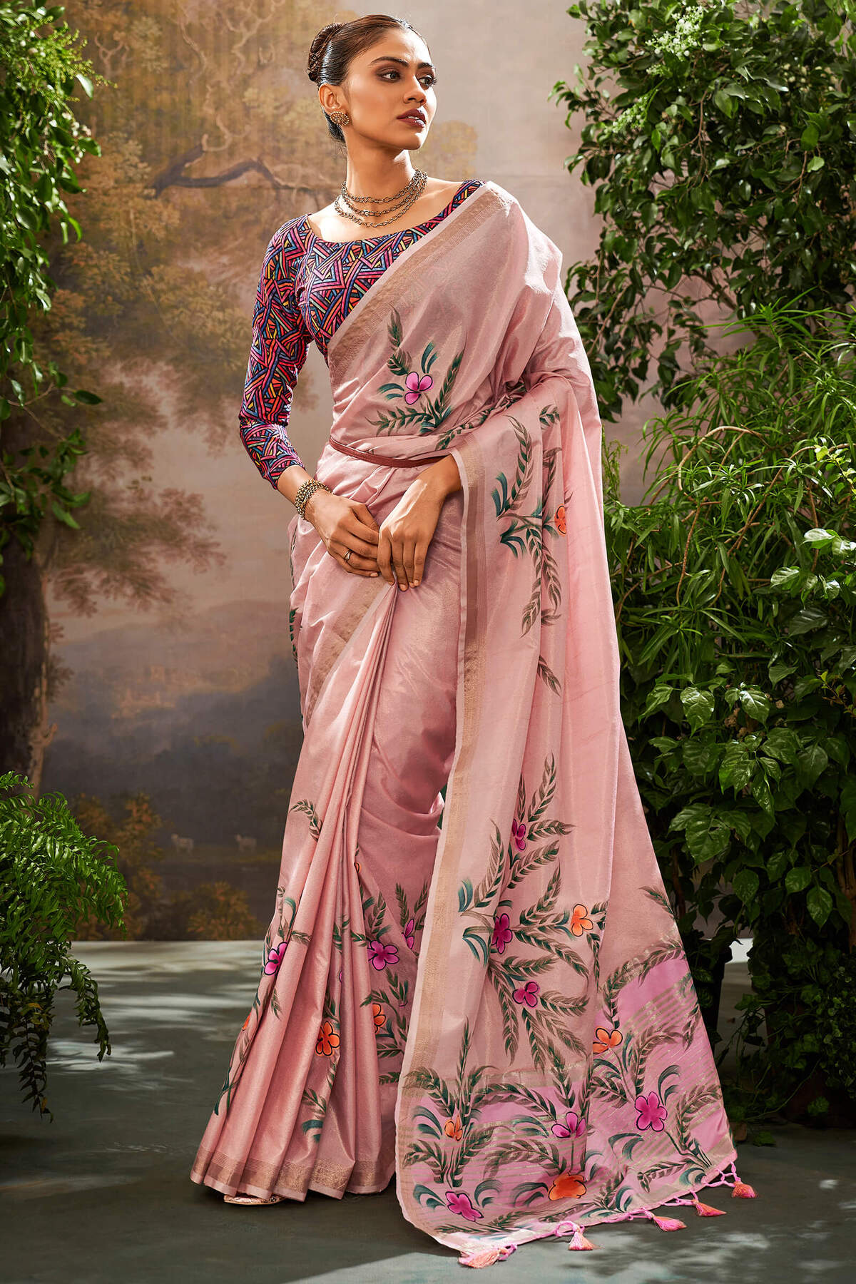 Scrumptious Pink Linen Tissue Silk Saree With Conflate Blouse Piece