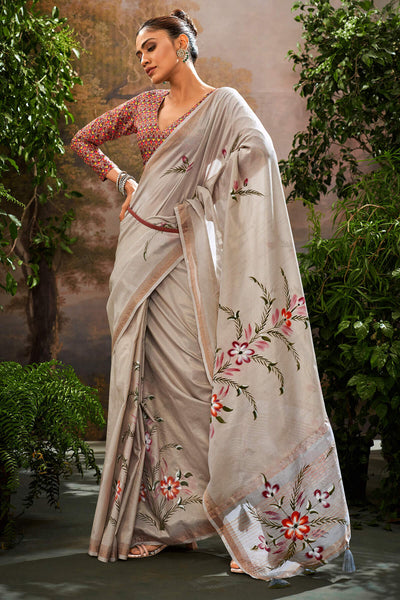 Dalliance Grey Linen Tissue Silk Saree With Capricious Blouse Piece