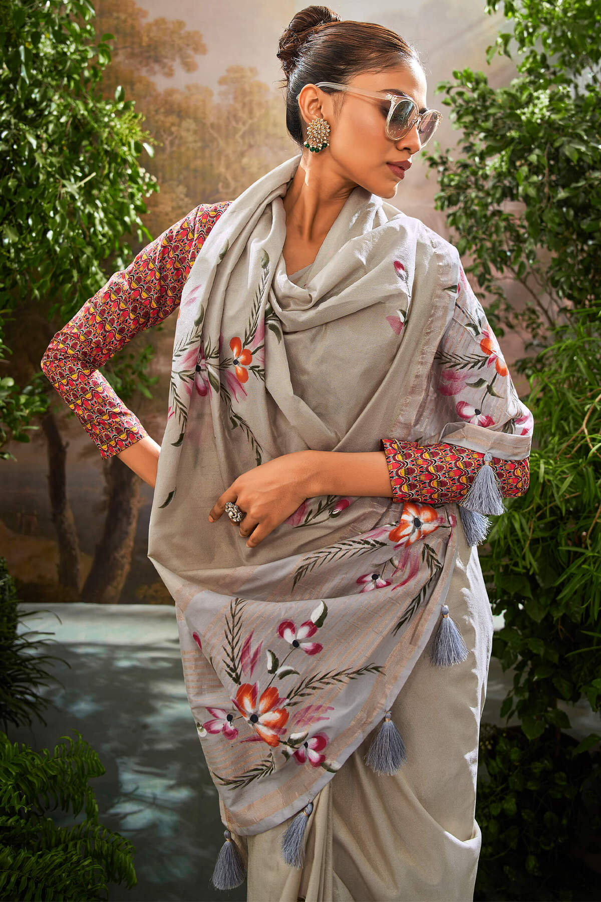Dalliance Grey Linen Tissue Silk Saree With Capricious Blouse Piece