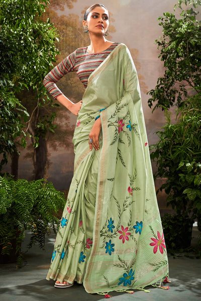 Evocative Pista Linen Tissue Silk Saree With Entrancing Blouse Piece