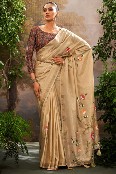 Staring Beige Linen Tissue Silk Saree With Deserving Blouse Piece