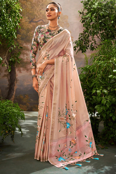 Verdant Peach Linen Tissue Silk Saree With Alluring Blouse Piece