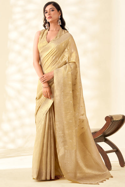 Groovy Beige Soft Banarasi Tissue Silk Saree With Grandiose Blouse Piece