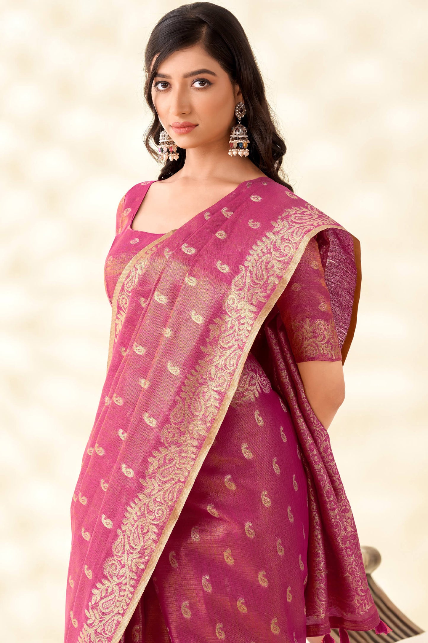 Scintilla Dark Pink Soft Banarasi Tissue Silk Saree With Adorable Blouse Piece