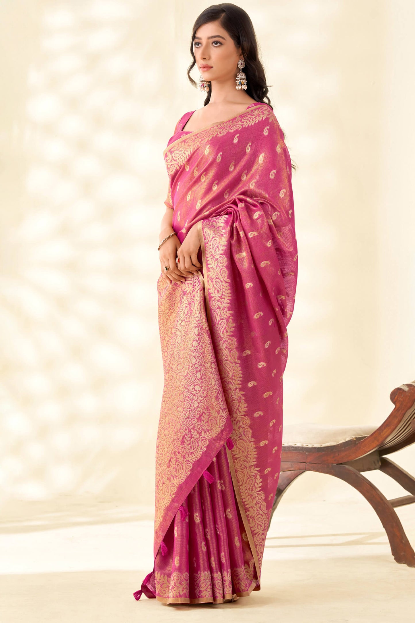 Scintilla Dark Pink Soft Banarasi Tissue Silk Saree With Adorable Blouse Piece
