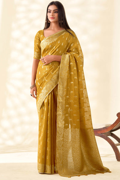Imbrication Mustard Soft Banarasi Tissue Silk Saree With Demure Blouse Piece
