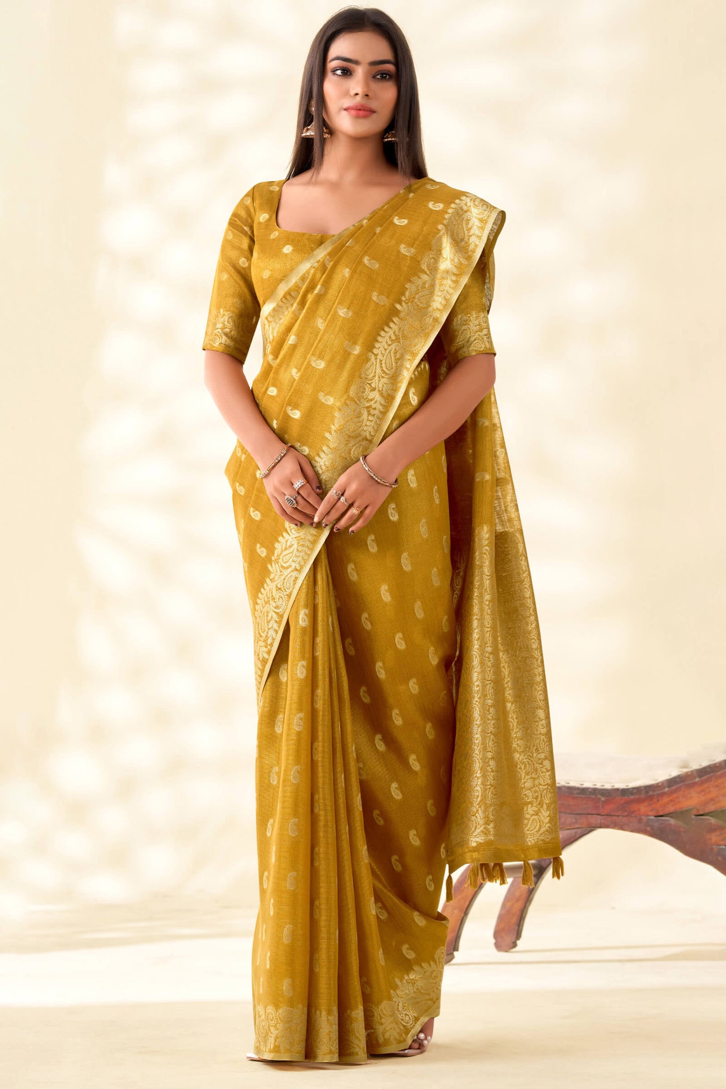 Imbrication Mustard Soft Banarasi Tissue Silk Saree With Demure Blouse Piece