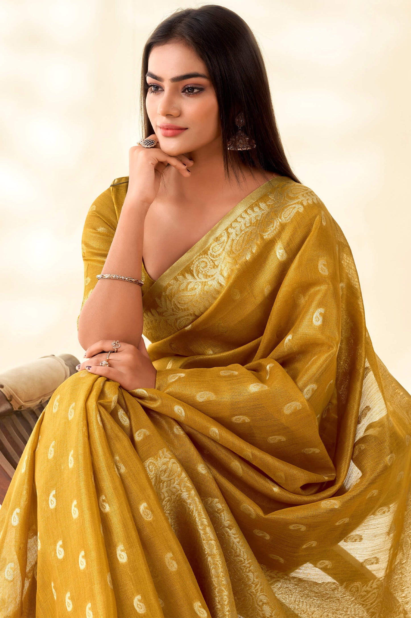 Imbrication Mustard Soft Banarasi Tissue Silk Saree With Demure Blouse Piece