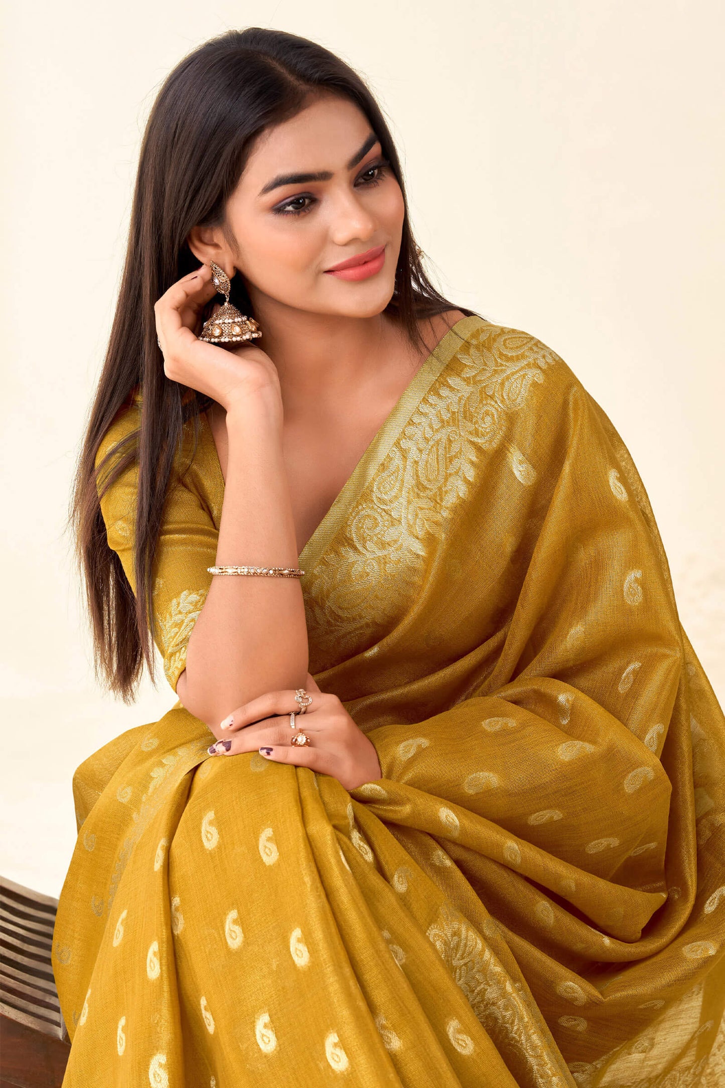 Imbrication Mustard Soft Banarasi Tissue Silk Saree With Demure Blouse Piece