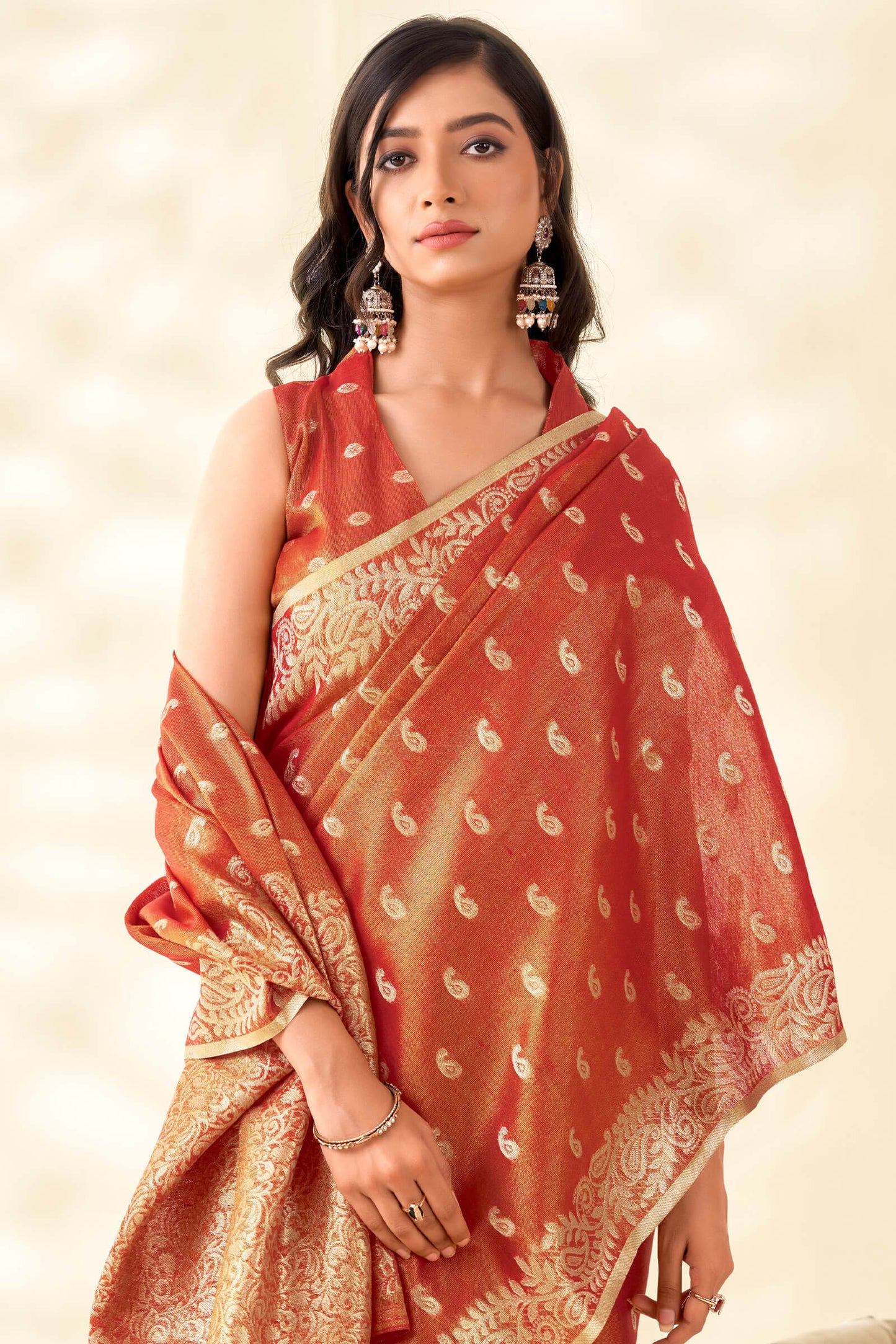 Luxuriant Red Soft Banarasi Tissue Silk Saree With Whimsical Blouse Piece