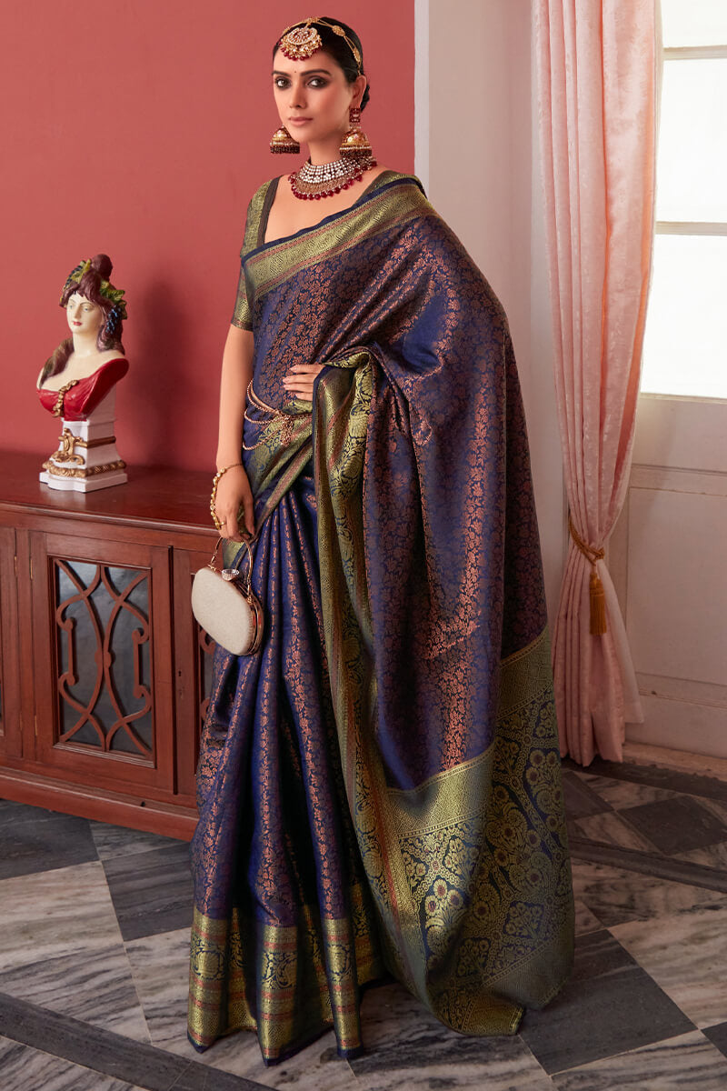 Amazing Navy Blue Kanjivaram Silk Saree With Mesmerising Blouse Piece