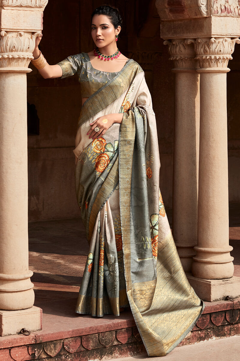 Smashing Grey Digital Printed Soft Silk Saree With Sonorous Blouse Piece