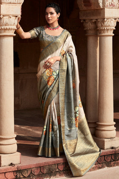 Smashing Grey Digital Printed Soft Silk Saree With Sonorous Blouse Piece