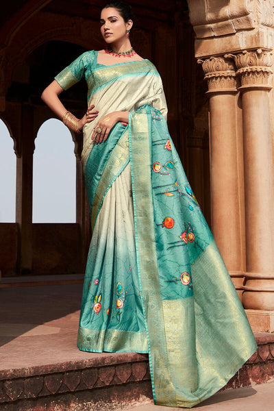 Enchanting Firozi Digital Printed Soft Silk Saree With Rhapsody Blouse Piece