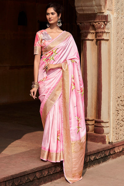 Proficient Baby Pink Digital Printed Soft Silk Saree With Scintillating Blouse Piece