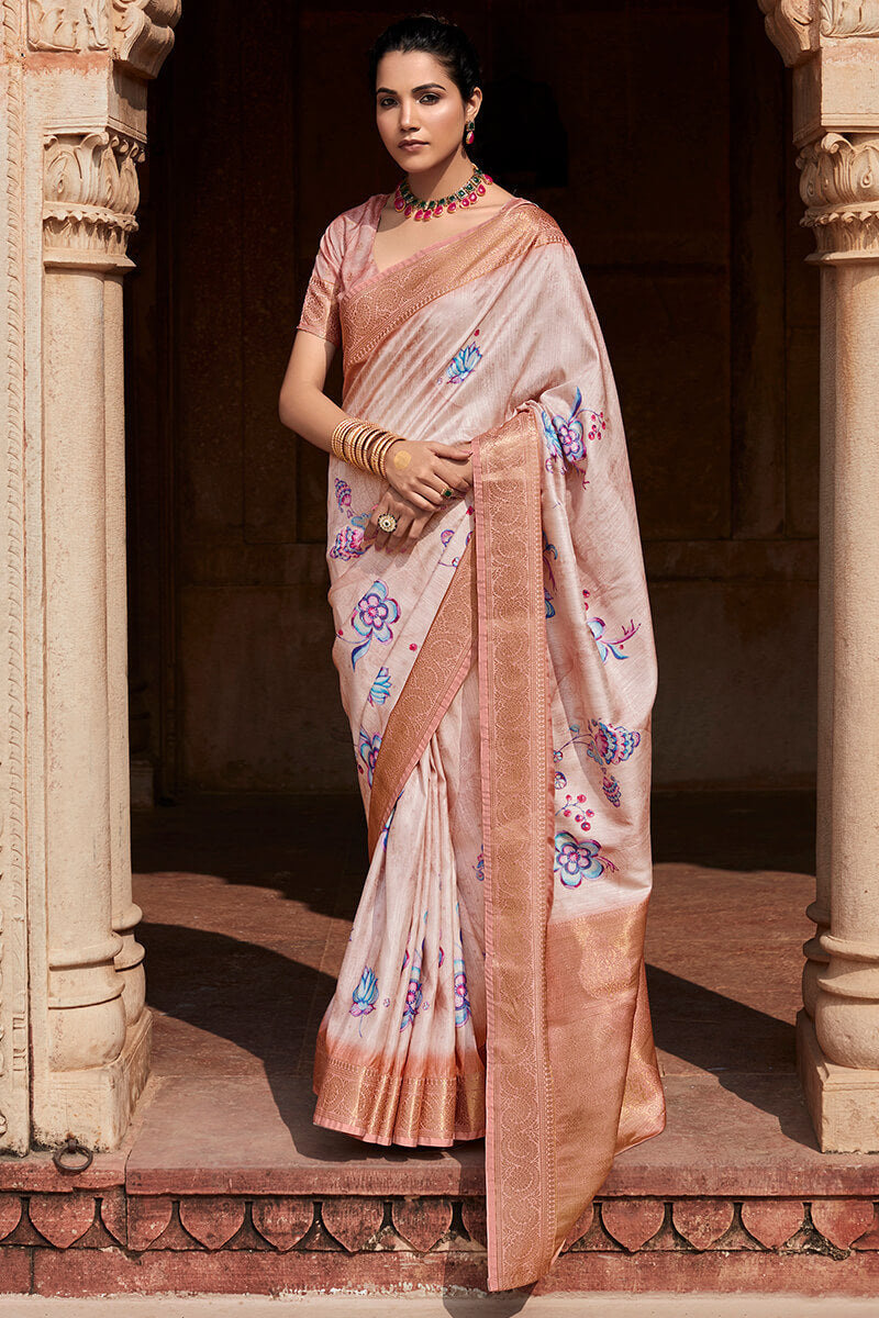 Comely Beige Digital Printed Soft Silk Saree With Dulcet Blouse Piece